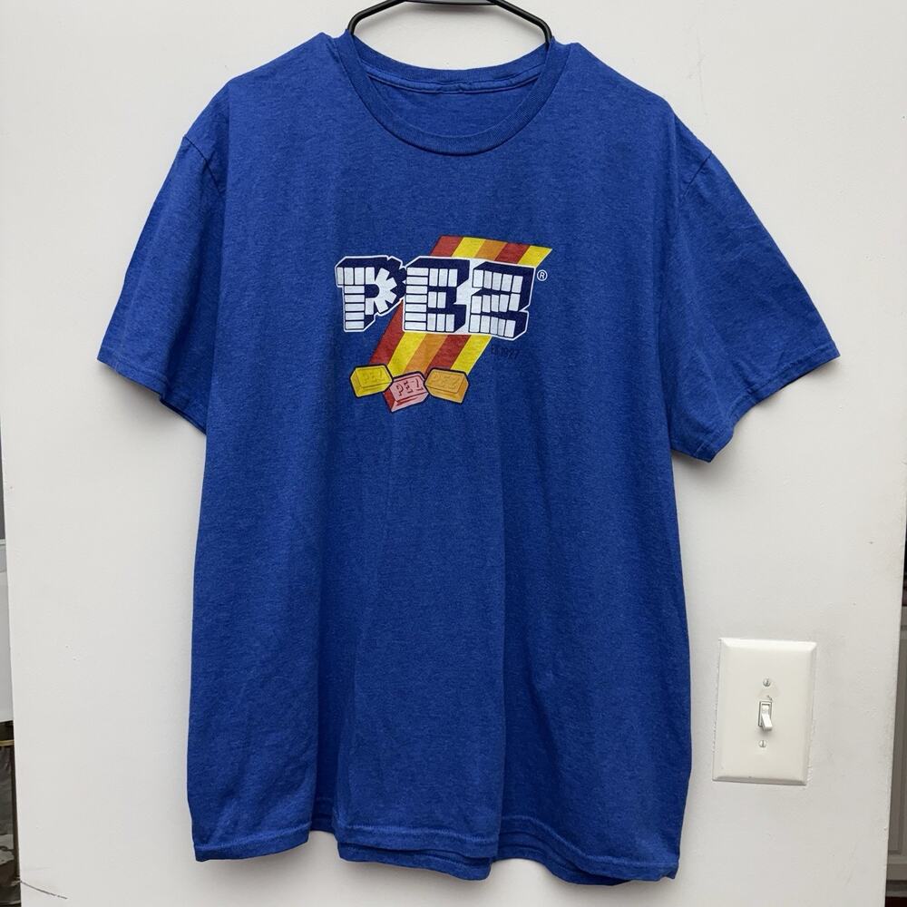 PEZ Candy Logo Mens XL Blue Graphic T Shirt Retro Stripe Short Sleeve Tee